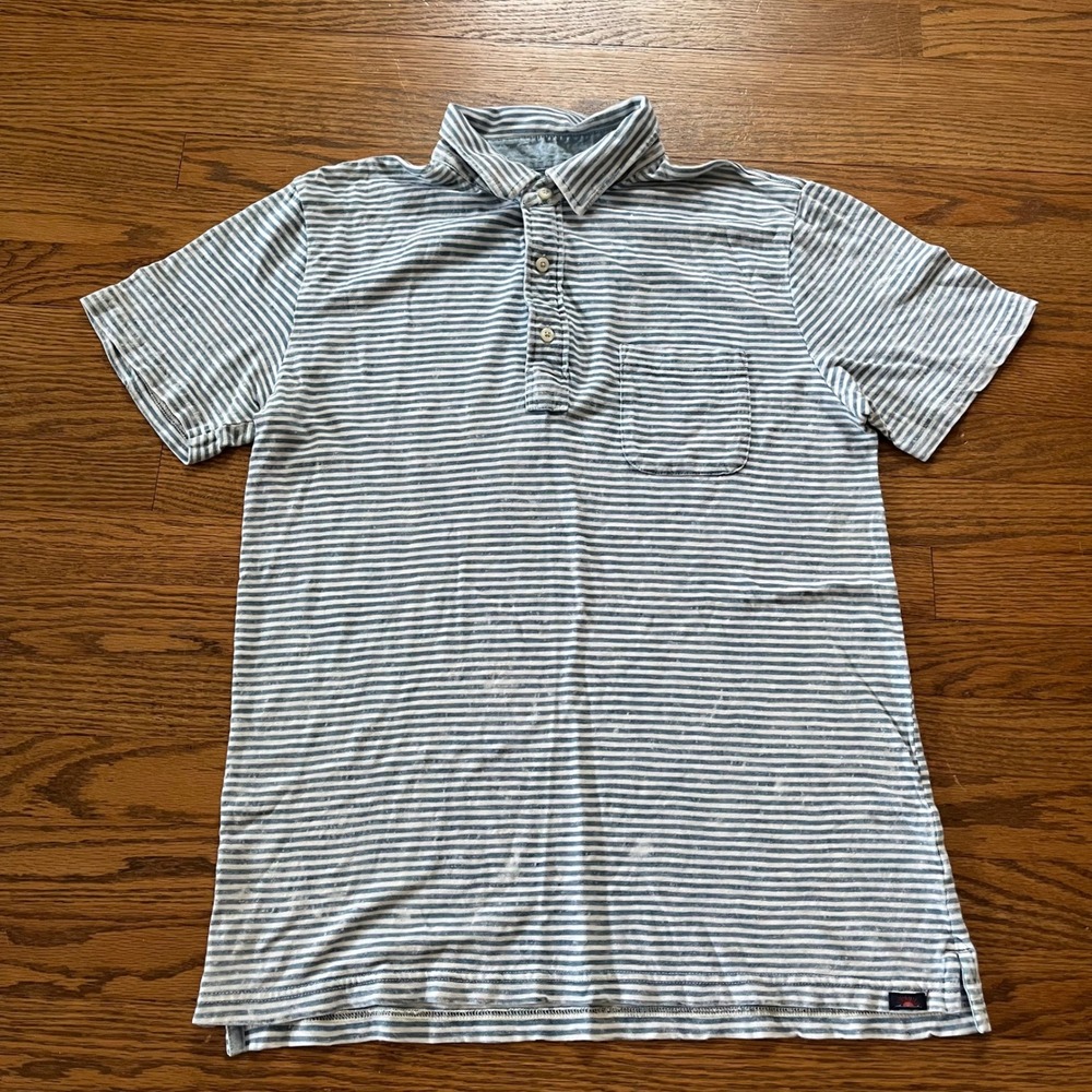 Faherty Brand Mens Blue White Striped Short Sleeve Polo Shirt Size M Pocket Slub